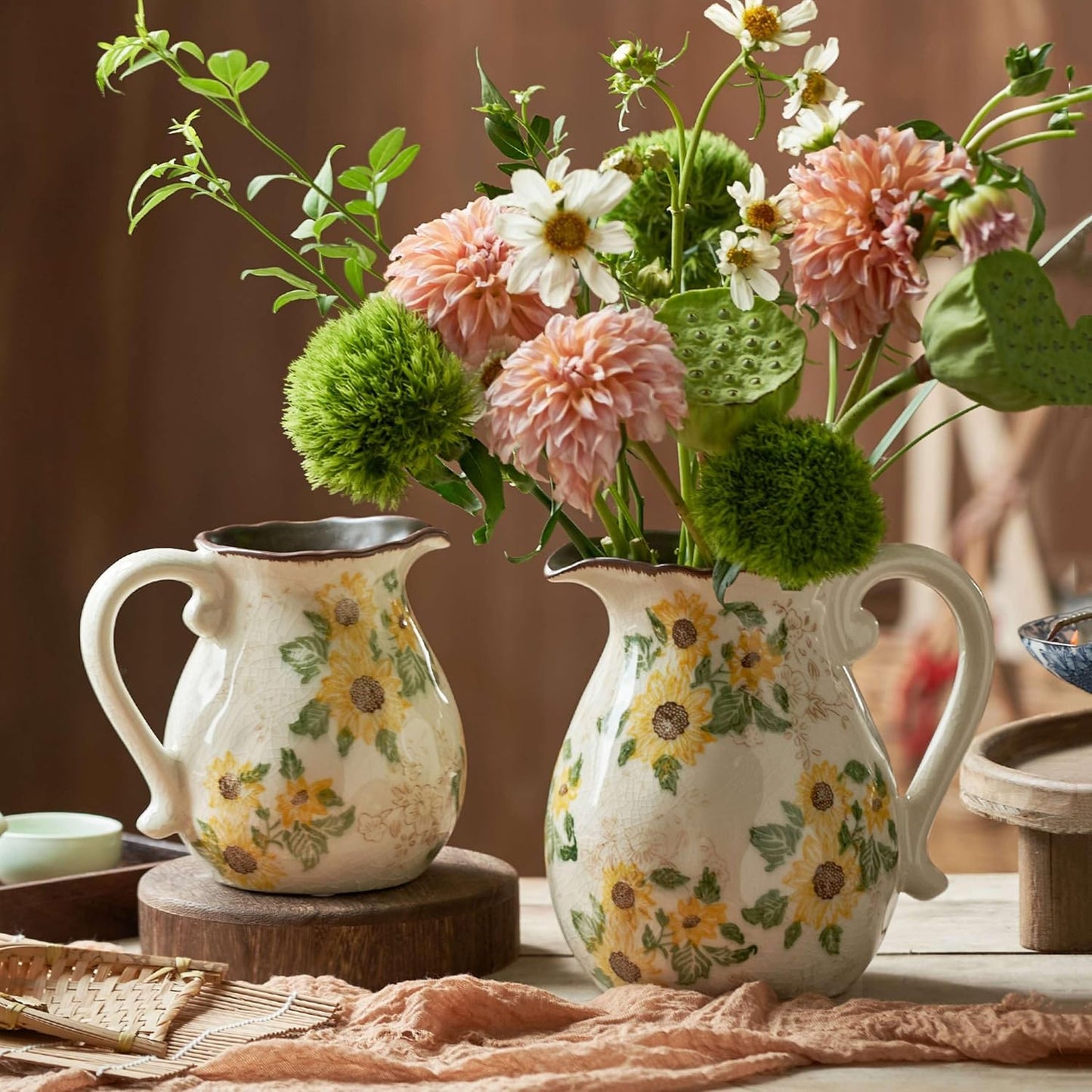 Vintage Vase with Handle, 7.6 Inch Ceramic Pitcher Sunflower Floral Vase, Rustic Farmhouse Vases for Grandma Core Home Decor, Bookshelf Office Tuscan Decor (Large Teapot)