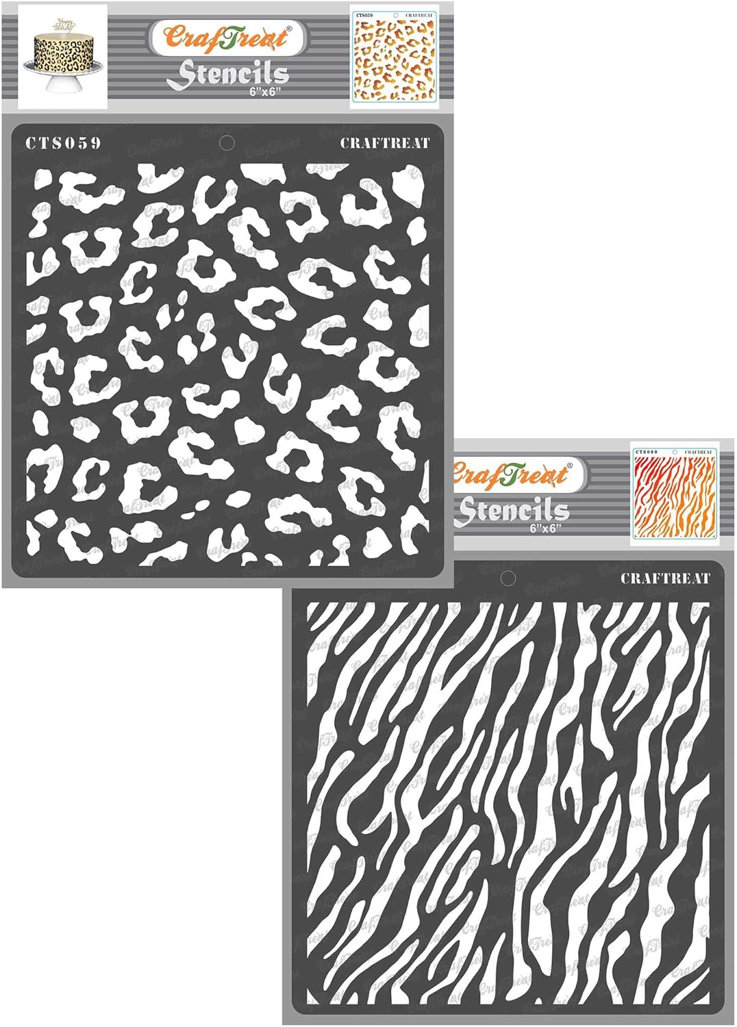 CrafTreat 2 Pcs Reusable Animal Print Stencils – Cheetah & Zebra Skin Patterns 6x6 Inch Each for Painting, Cake Decorating, and DIY Craft Projects