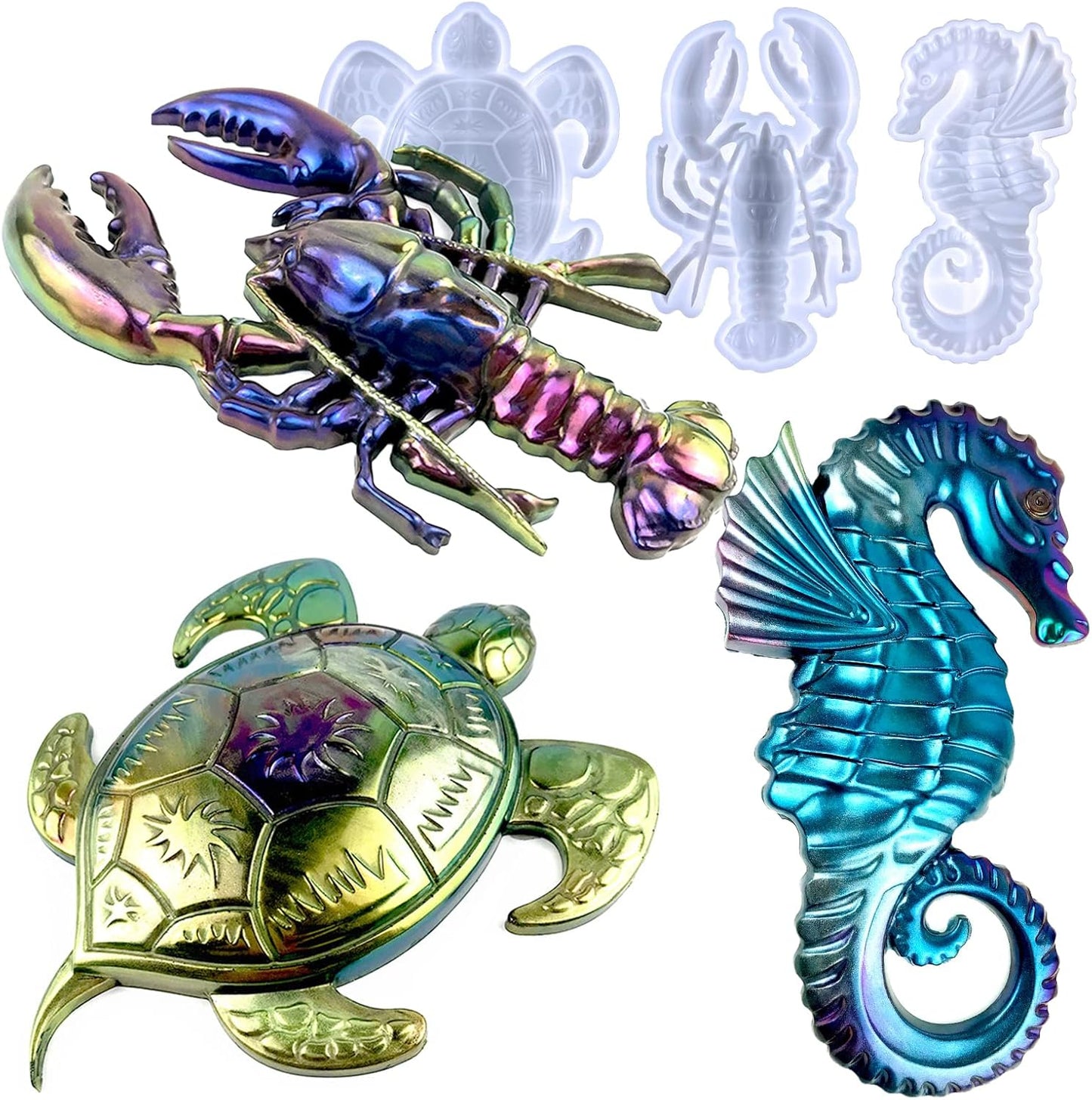 3PCS Silicone Molds for Epoxy Resin, Sea Turtle Seahorse Lobster Resin Mold Large Epoxy Resin Casting Mold Unique Marine Animal Mould DIY Resin Concrete Art Crafts Halloween Home Decoration