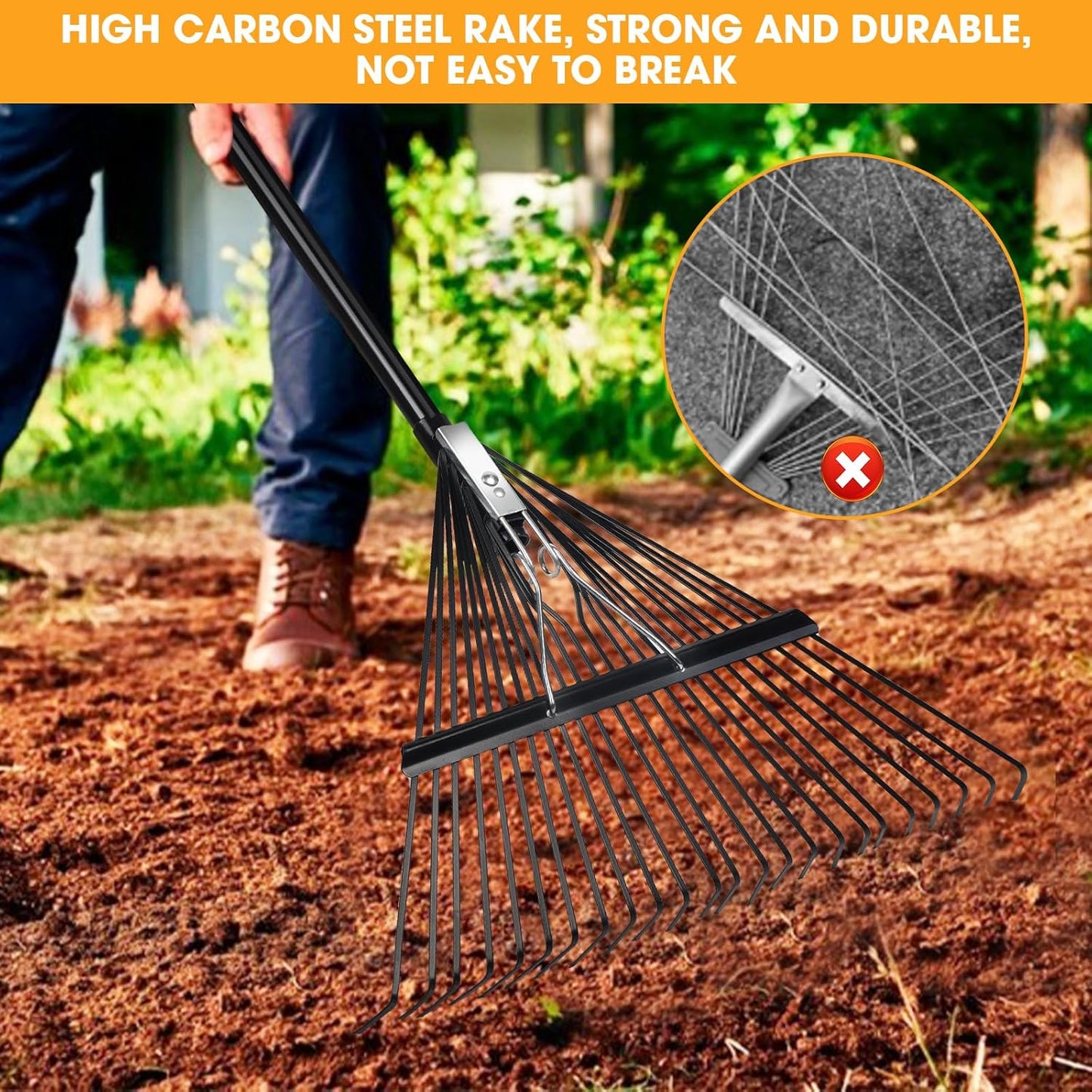 42 HRC Steel Gardening Leaf Rake, 24 Tines 23.2" Wide,Adjustable Split Long Handle 33-67",Suitable for Raking Leaves and Lawn Tidying,Garden rake and thatch rake Suitable for Adults（2 Pack