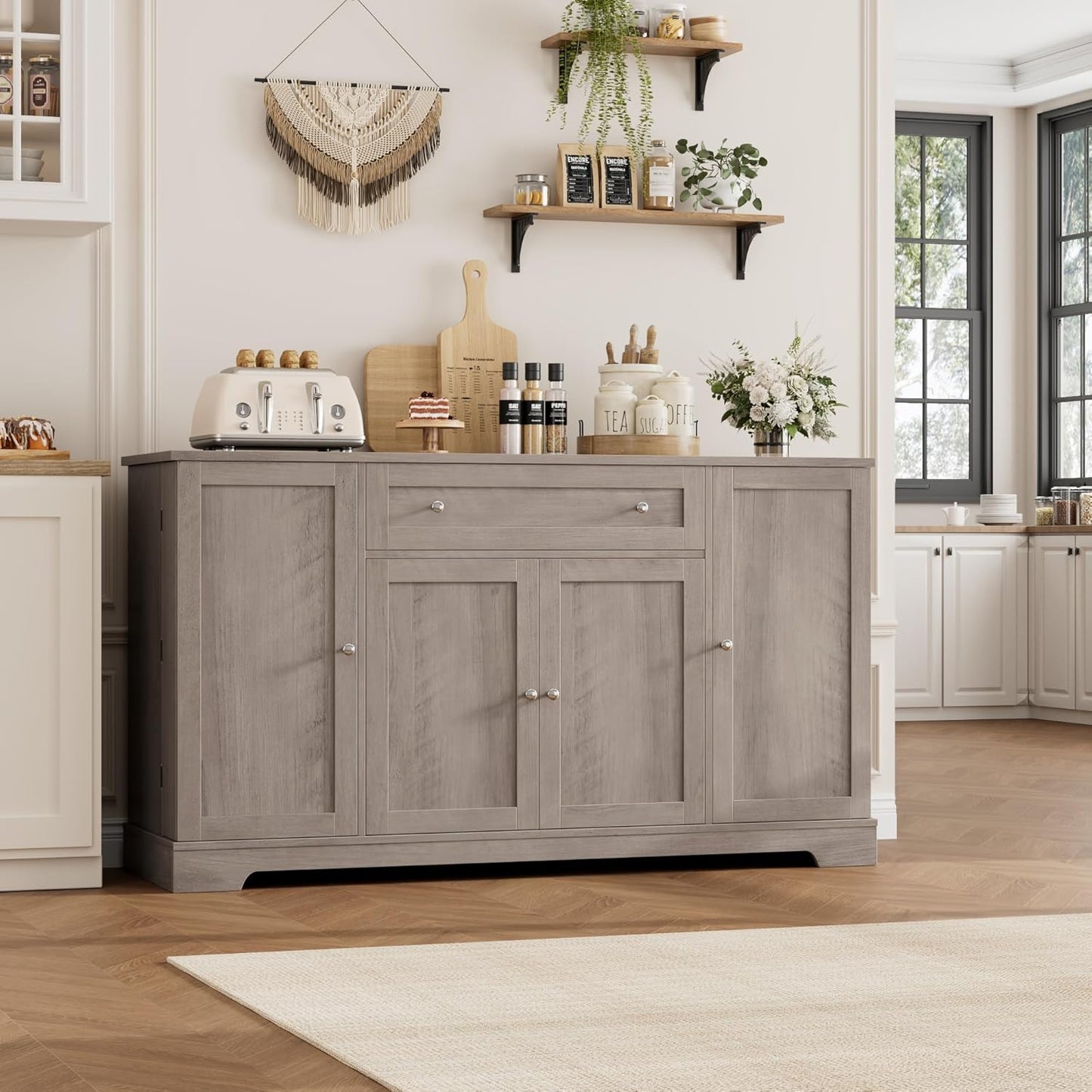 HITHOS 54" Buffet Cabinet with Storage, Modern Kitchen Buffet Sideboard with Drawer, Wood Coffee Bar Station with Adjustable Shelves, Kitchen Storage Cabinet for Living Room, Ash Grey