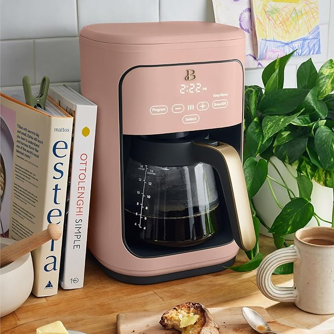 Beautiful by Drew Barrymore 14-Cup Programmable Drip Coffee Maker, Touch-Activated Display, Fast 14-Min Brew, Bold Strength, Keep Warm 4 H, Gold Filter (Rose)