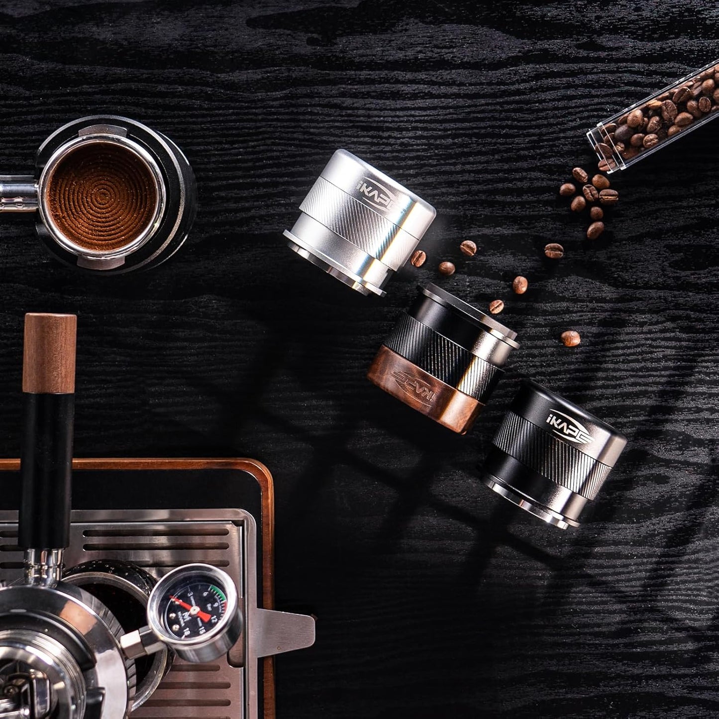 IKAPE 53MM Espresso Tamper, New Wooden Handle Design，Premium Barista Coffee Calibrated Tamper with Spring Loaded, 100% Stainless Steel Tamper Compatible with All 54MM Bottomless Portafilter