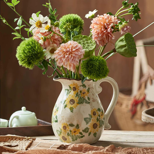Vintage Vase with Handle, 7.6 Inch Ceramic Pitcher Sunflower Floral Vase, Rustic Farmhouse Vases for Grandma Core Home Decor, Bookshelf Office Tuscan Decor (Large Teapot)