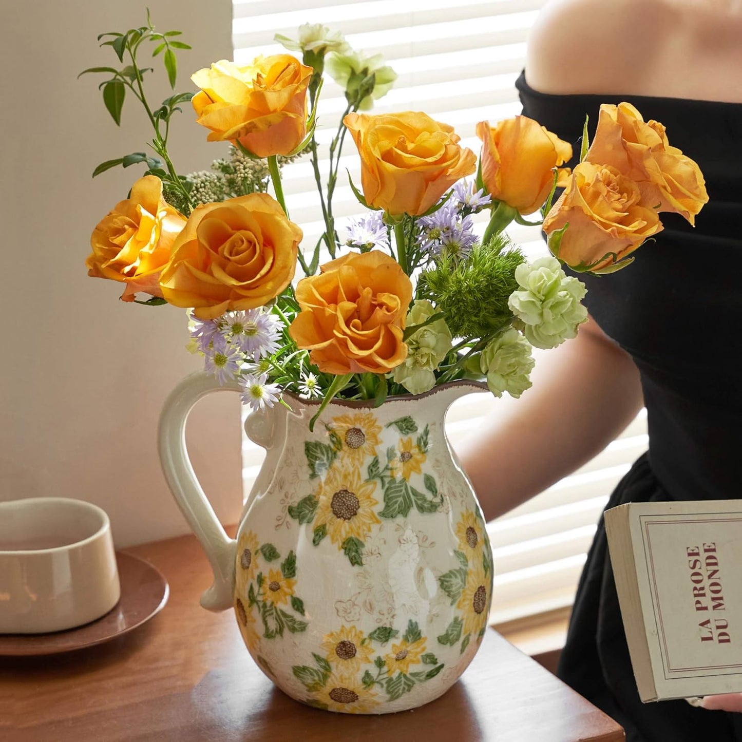 Vintage Vase with Handle, 7.6 Inch Ceramic Pitcher Sunflower Floral Vase, Rustic Farmhouse Vases for Grandma Core Home Decor, Bookshelf Office Tuscan Decor (Large Teapot)