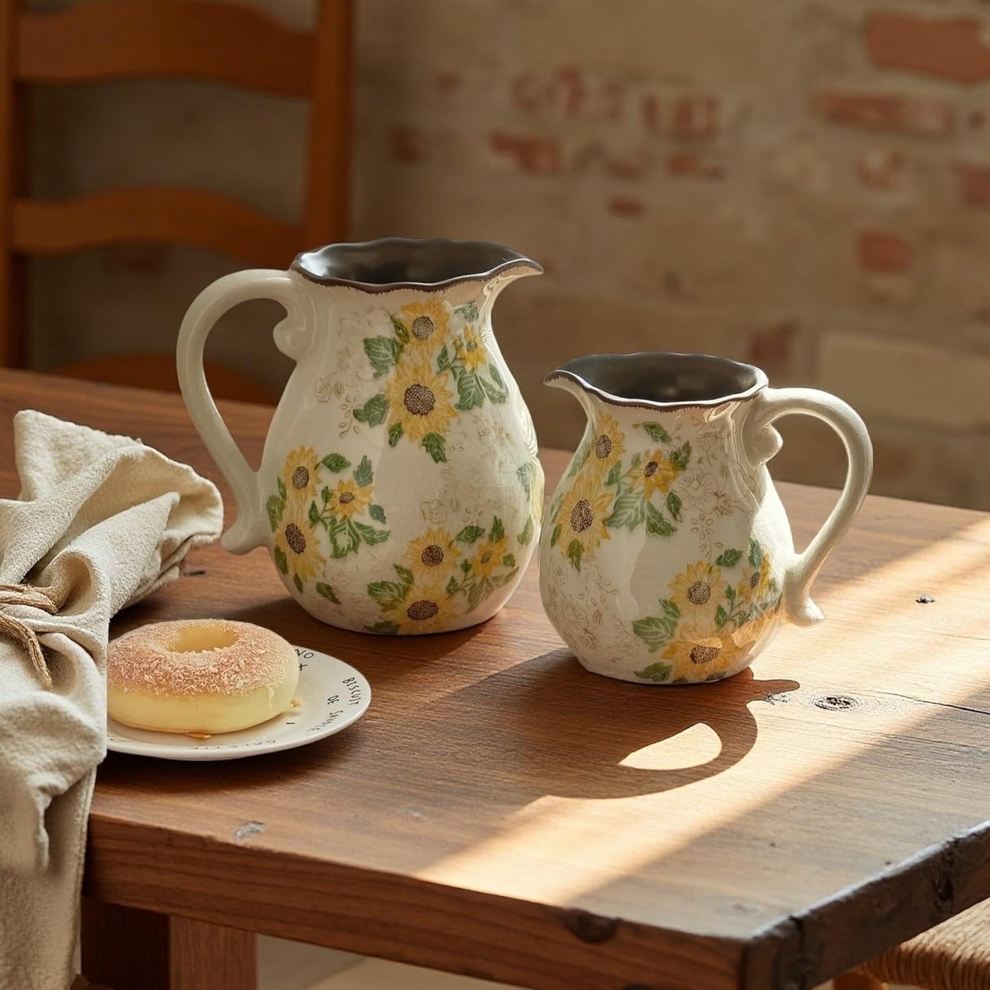 Vintage Vase with Handle, 6 Inch Ceramic Pitcher Sunflower Floral Vase, Rustic Farmhouse Vases for Grandma Core Home Decor, Bookshelf Office Tuscan Decor (Small Teapot)