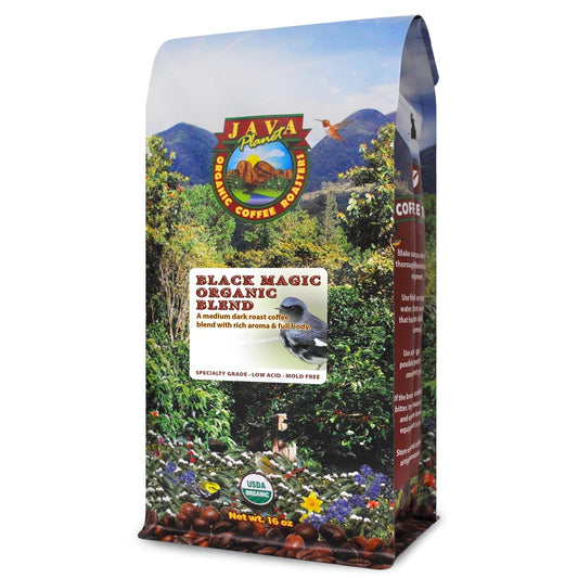 Low Acid Organic Coffee – Whole Bean, Mold-Free & Stomach Friendly by Java Planet, Black Magic Blend Coffee, Medium Dark Roast, Smooth Full Flavored, 1LB Bag