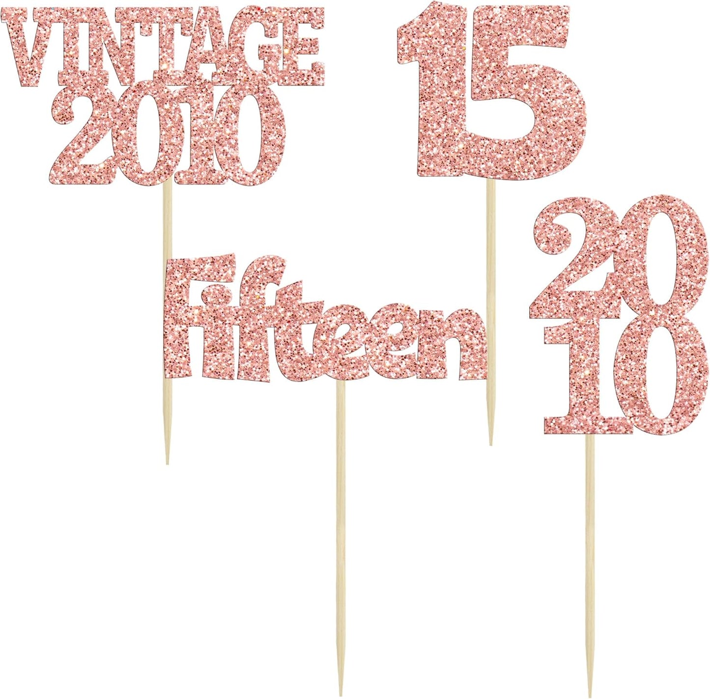 Gyufise 24Pcs 15th Birthday Cupcake Toppers Glitter Fifteen Vintage 2010 Hello 15 Years Birthday Cupcake Picks Sweet 15 Cake Decorations for Happy 15th Anniversary Party Supplies Rose Gold