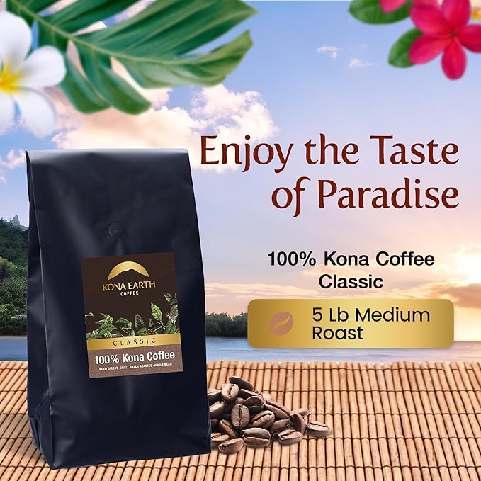 KONA EARTH 100% Kona Coffee, Classic Medium Roast, Whole Bean, 5 lb (80 oz) Farm-Direct Authentic Hawaiian Kona Coffee beans from Hawaii’s Big Island, Micro-Batch-Roasted