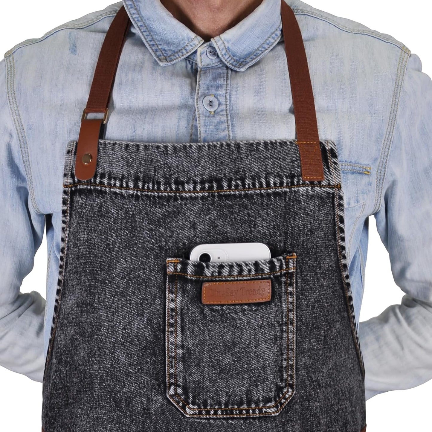 Denim Apron with Pockets, Mens Womens Professional Black Kitchen Bib Apron for Chef Cooking Grill BBQ, with Towel Loop and Adjustable Neck Straps
