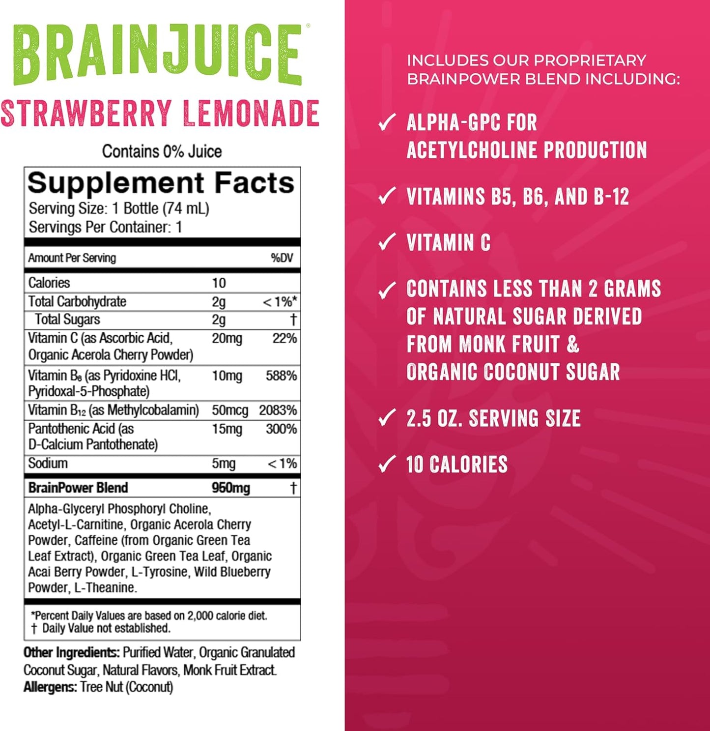 BrainJuice Energy & Focus Shot, Gluten Free Supplement, Healthy Drinks with Alpha GPC, Vitamin B & Organic Green Tea Extract Caffeine, Strawberry Lemonade, 2.5 fl oz, 12 Pack