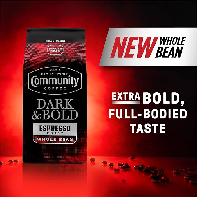Community Coffee Dark & Bold Espresso Blend, Dark Roast Whole Bean Coffee, 11 Ounce Bag (Pack of 6)