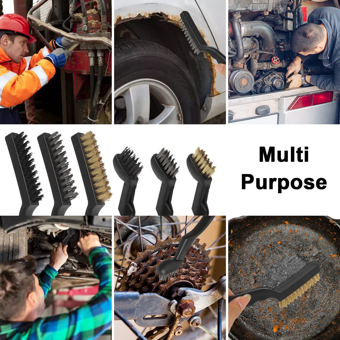 Wire Brushes Pack of 6. for Cleaning Welding Slag, Rust and Dust. 9" and 6-3/4" Brass, Nylon, Stainless Steel Brushes with Rigid Handle