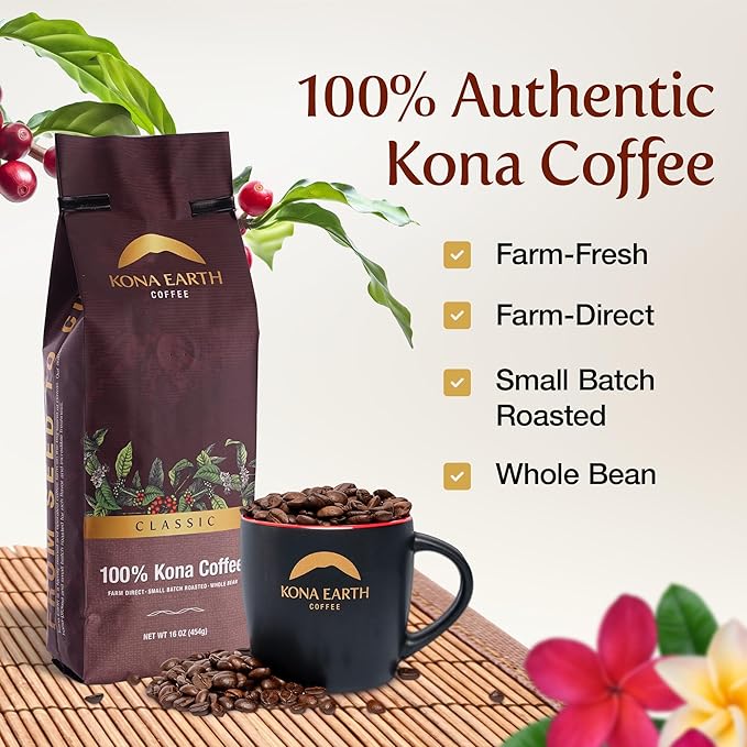 KONA EARTH 100% Kona Peaberry Coffee, Classic Dark Roast, Whole Bean, 1 lb (16oz) Farm-Direct Authentic Hawaiian Kona Coffee beans from Hawaii’s Big Island, Micro-Batch-Roasted