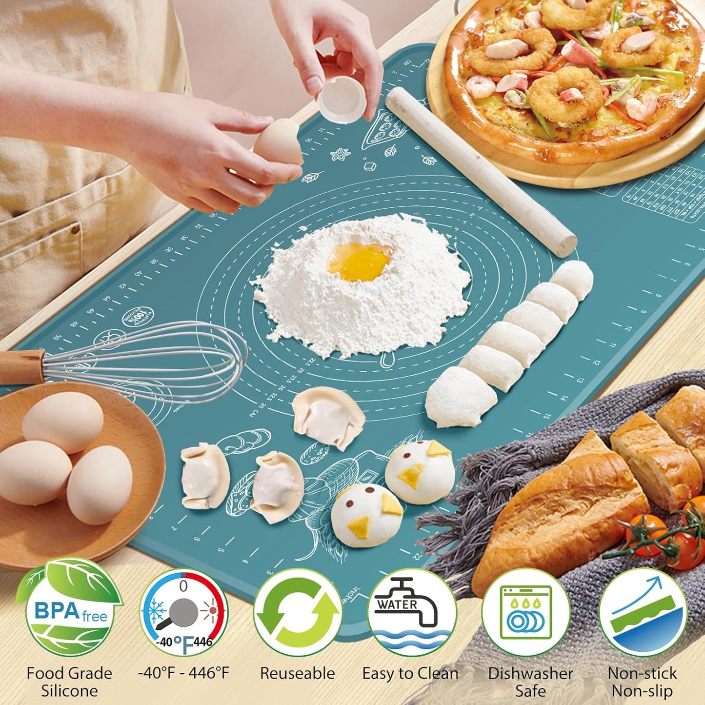 Silicone Pastry Mat 24" x 16" Extra Thick Non Stick Baking Mat with Measurements and Edge Heightening, Food Grade Silicone Rolling Mat for Pastry, Bread, Cookies, Pizza, Fondant, Pasta
