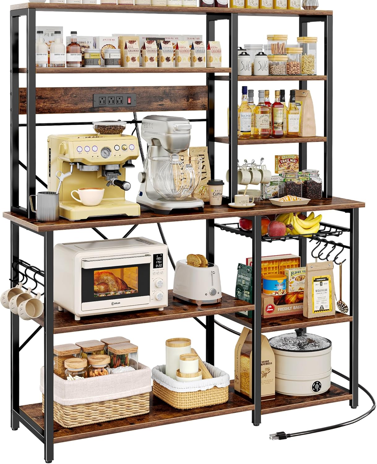 SUPERJARE Larger Bakers Rack with Power Outlets, 6-Tier Microwave Stand, Coffee Bar with 12 S-Shaped Hooks, Kitchen Shelf with Wire Basket, 47.2 x 15.5X 66.9 Inches, Rustic Brown