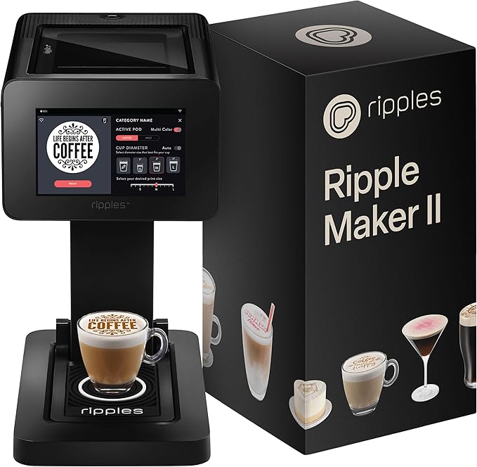 Ripples The Original Maker II, Print on Beverage Foam and Desserts, Plant-Based Ingredients Only, Selfie and Personalized Designs (Machine + Coffee Pod)