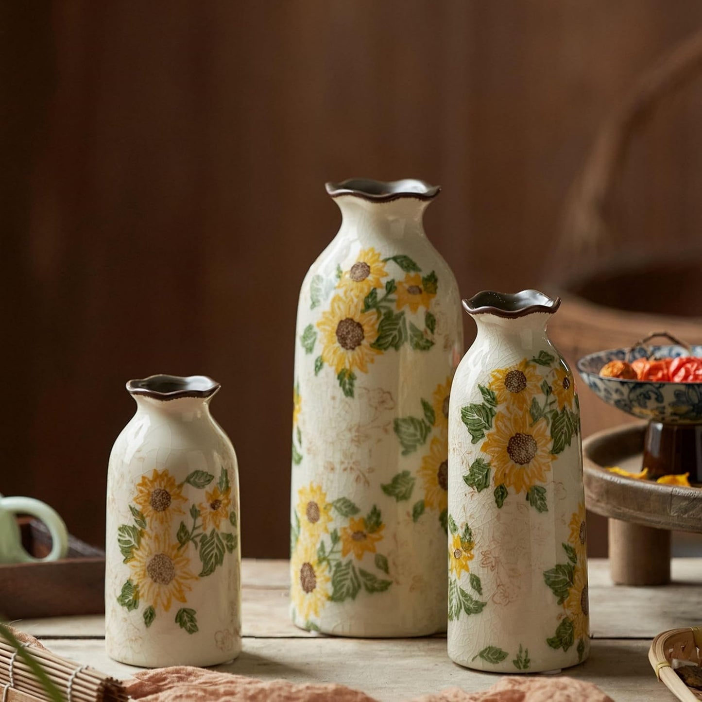 Autumn Ceramic Vase Set of 3, Farmhouse Decor Home Ceramic Vases for Your Kitchen Bedroom Living Room Bathroom & Shelf Centerpiece Table Decorations (H 9.5" + H7.7 + H5.9)