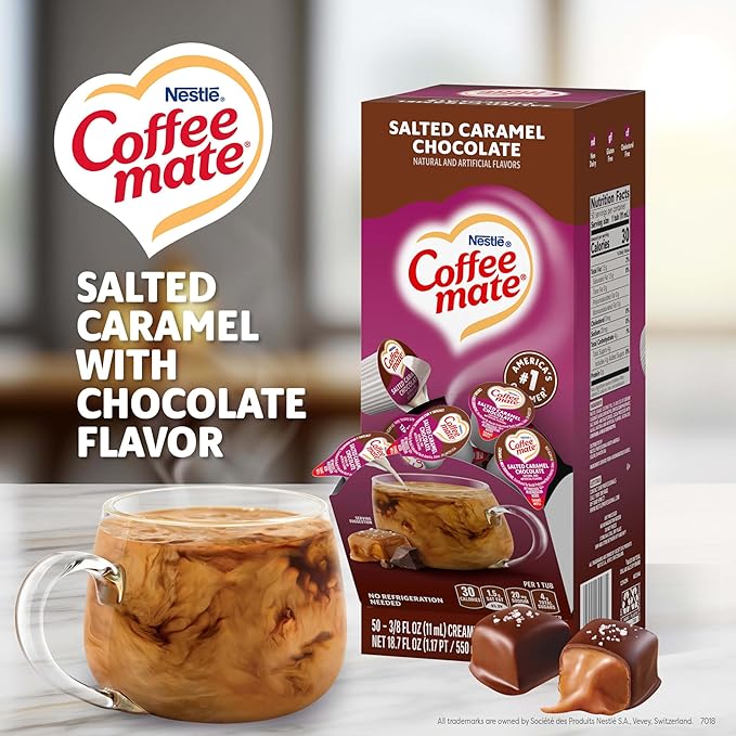 Nestle Coffee mate Coffee Creamer, Salted Caramel Chocolate, Liquid Creamer Singles, Non Dairy, No Refrigeration, 0.375 fl oz Tubs (Pack of 200)