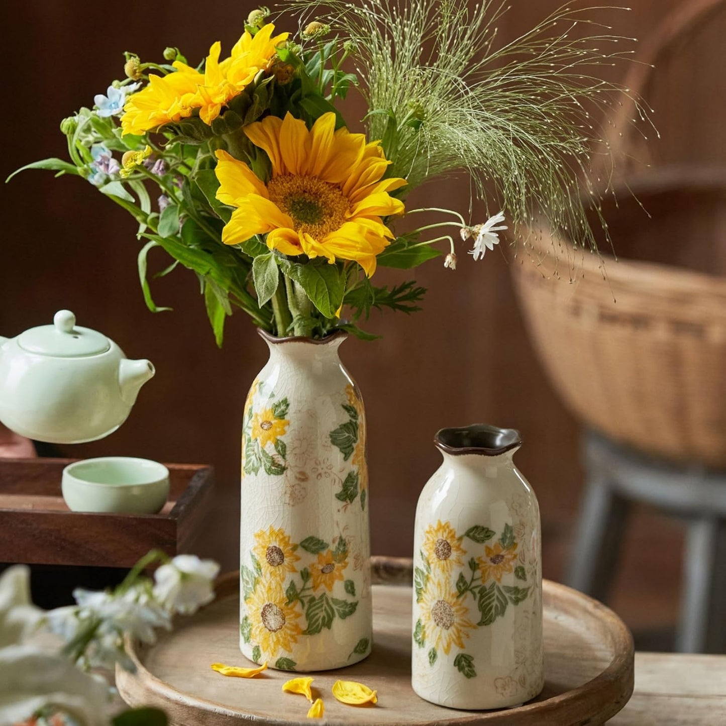 Autumn Ceramic Vase Set of 3, Farmhouse Decor Home Ceramic Vases for Your Kitchen Bedroom Living Room Bathroom & Shelf Centerpiece Table Decorations (H 9.5" + H7.7 + H5.9)