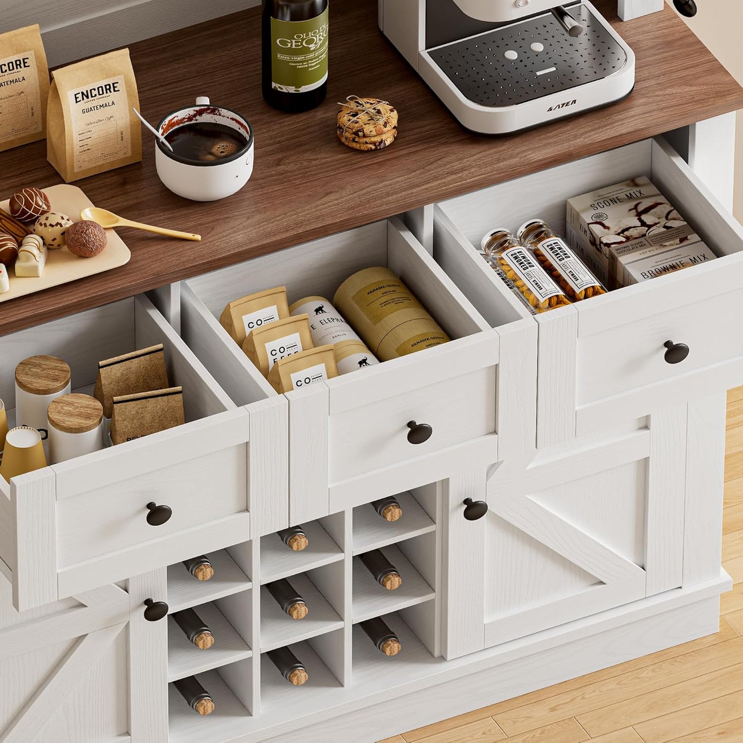 IRONCK 72'' Coffee Bar Cabinet with Storage, Large Kitchen Hutch with Power Outlet & LED Light, Tall Bar Cabinets with 3 Drawers & Wine Glass Rack, Sliding Barn Door China Cabinet for Home, White