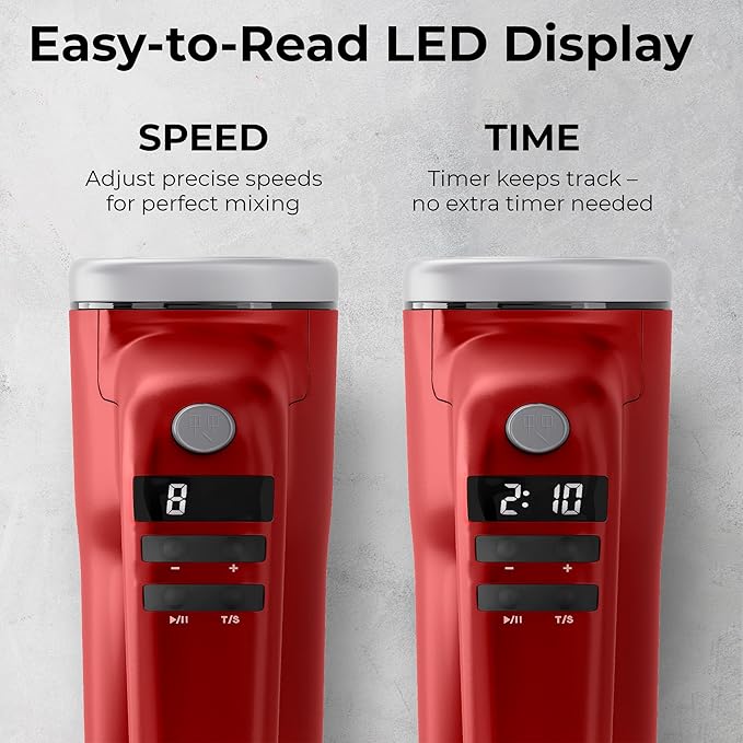 9 Speed Electric Handheld Mixer with Stainless Steel Whisk Beater Attachments & Snap Storage Case, Compact Lightweight 350 W Powerful hand held mixer for Baking & Cooking, Red