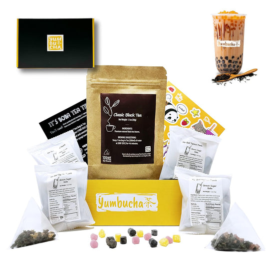 YUMBUCHA Boba Kit Set - DIY Boba Tea Making Kit with Classic Black Tea & Tapioca Pearls - Create 10 Delightful Drinks - Exquisite Loose Leaf Teabags Included - Boba Tea Gift Set for Tea Lovers
