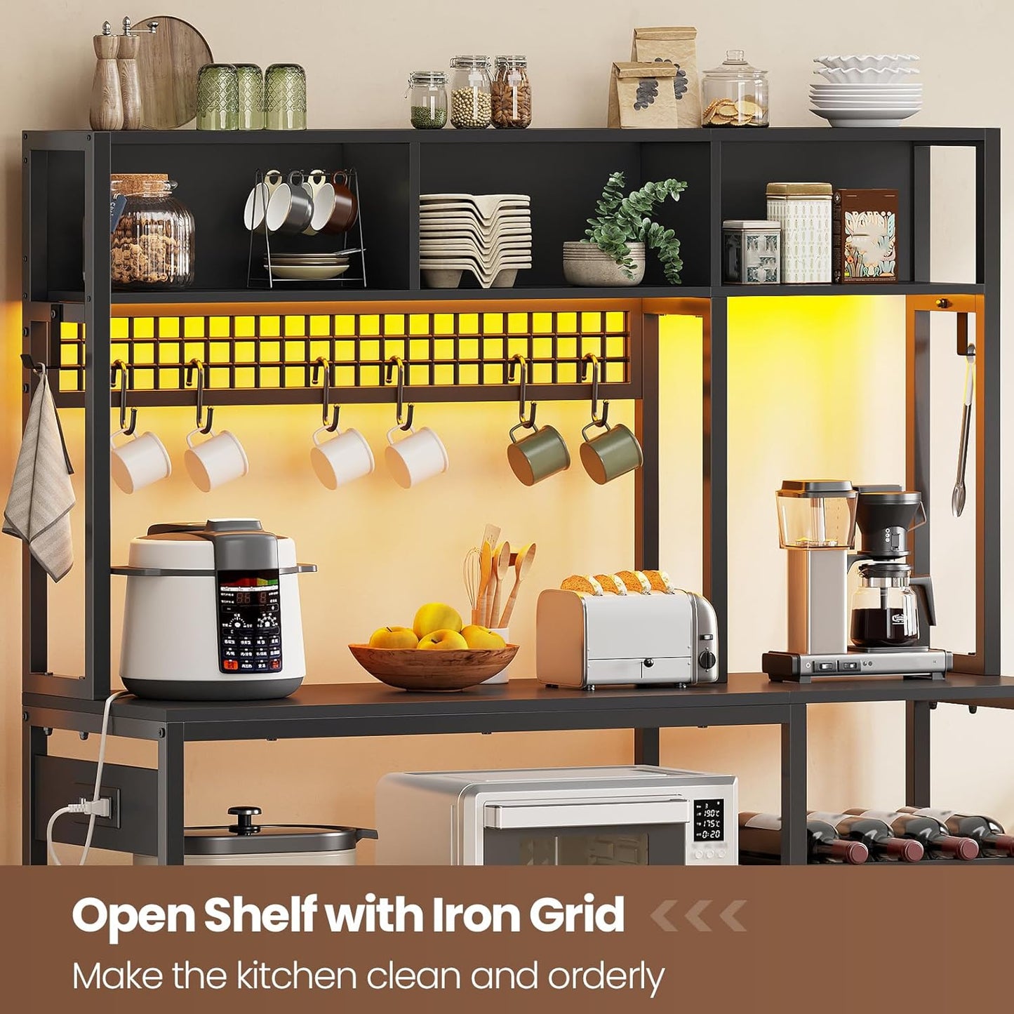 Itaar 47.2 Inch Bakers Rack with Power Outlet, Microwave Stand with Storage, Farmhouse Coffee Bar Cabinet Station with Wine Rack, Iron Mesh and 8-S Hooks (Black)