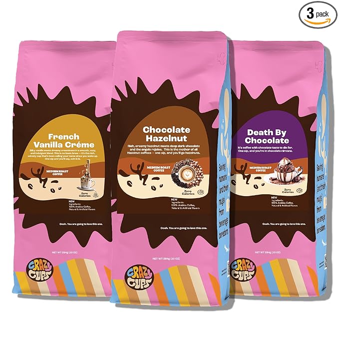 Crazy Cups Flavored Ground Coffee Variety Pack, Includes Chocolate Hazelnut, French Vanilla Creme & Death By Chocolate, in 10 oz Bags, Variety 3 Pack