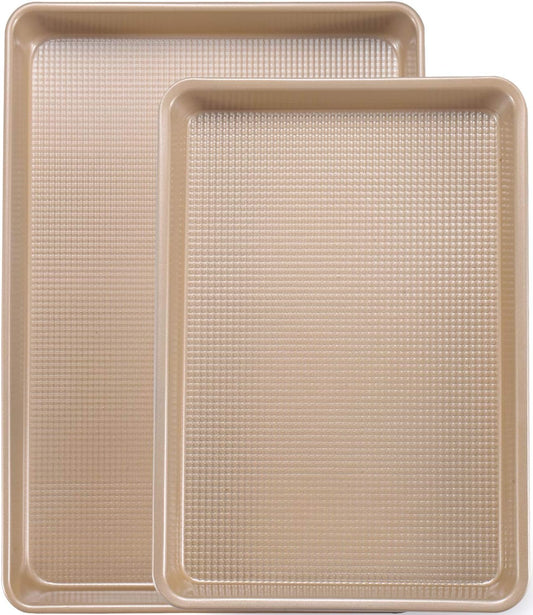 Cookie Sheets for Baking Nonstick, 2 Pack Heavy Duty 0.8mm Baking Sheet Pan Set Quarter(9x13in) & Jelly Roll(10x15in) with Diamond Texture, Gold Commercial Grade, Small Oven Safe