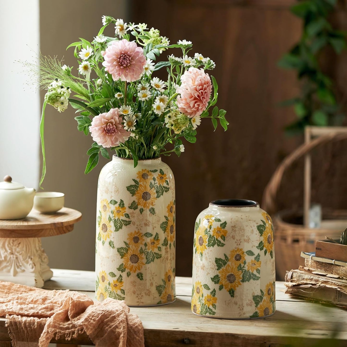 Vintage Ceramic Vase, 10.6 Inch Chinoiserie Sunflower Yellow Floral Vases, Retro Ice Cracked Rustic Antique Flower Vases for Modern Room Bathroom Shelf Home Decor (Large Cylinder)