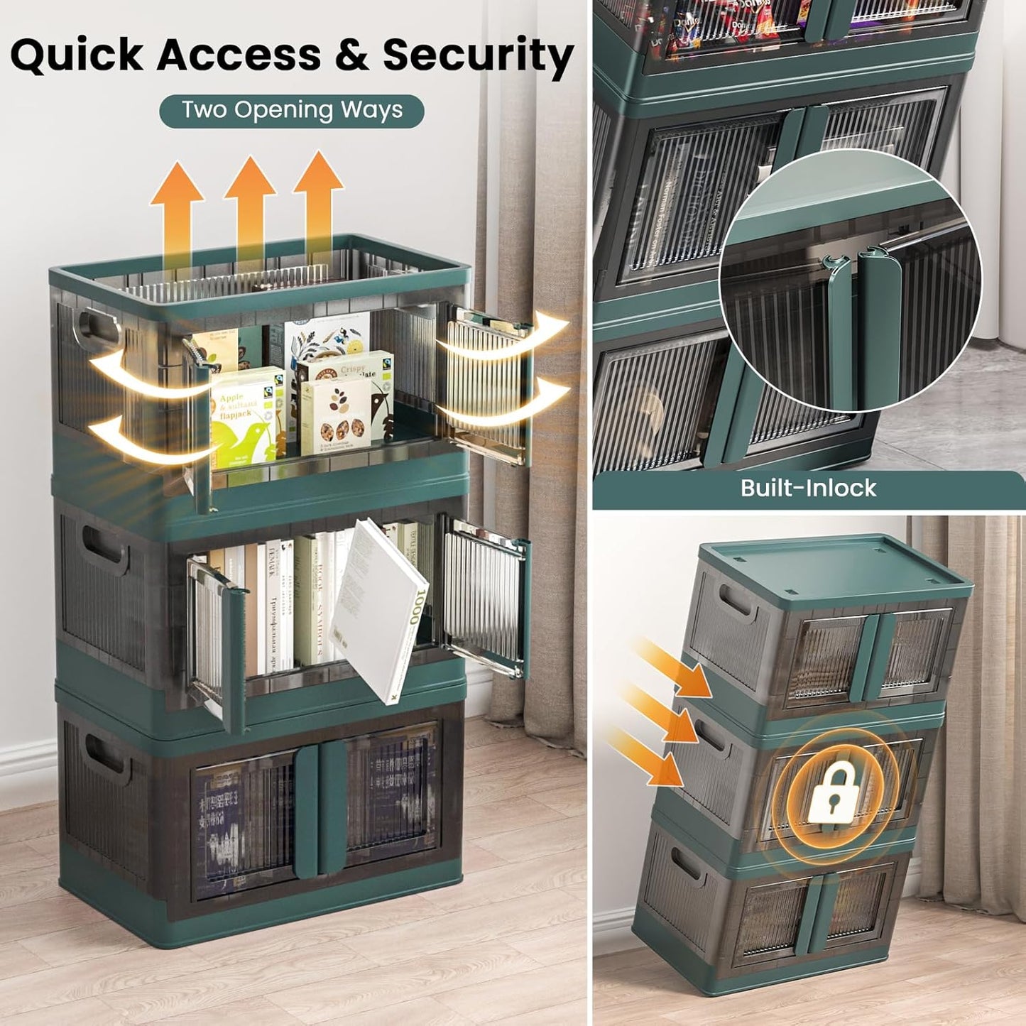 8.4Gal Collapsible Storage Bins with Lids & Wheels - 3 Pack Stackable with Doors, Heavy-Duty Plastic Containers for Home/Office, Green