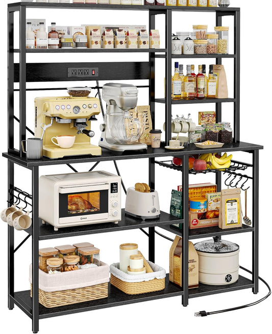 SUPERJARE Larger Bakers Rack with Power Outlets, 6-Tier Microwave Stand, Coffee Bar with 12 S-Shaped Hooks, Kitchen Shelf with Wire Basket, 47.2 x 15.5x 66.9 Inches, Black
