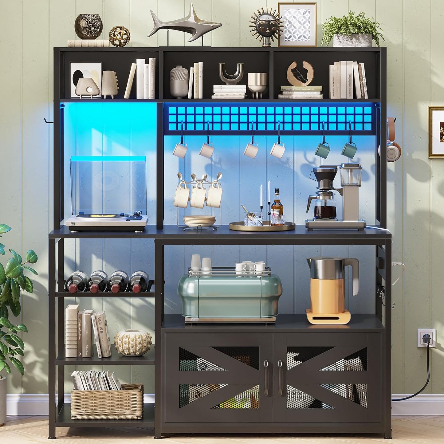 Itaar 47.2 Inch Bakers Rack with Power Outlet, Microwave Stand with Storage, Farmhouse Coffee Bar Cabinet Station with Wine Rack, Iron Mesh and 8-S Hooks (Black)