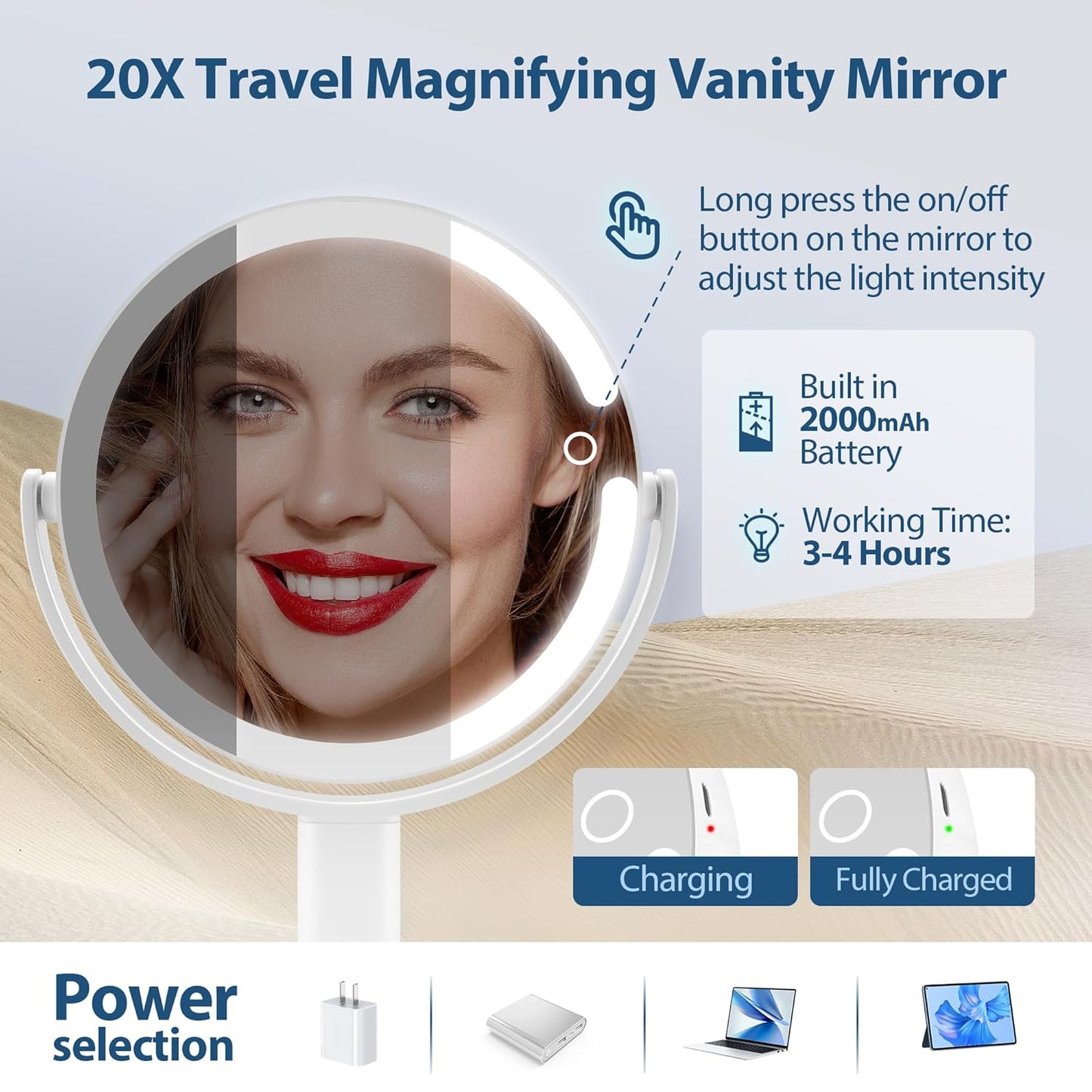 Lighted Makeup Mirror, 20X Magnifying Mirror with Light and Adjustable Brightness, Vanity Mirror with 3 Color Light, 2-Sided Mirror for Desk, Detachable Travel Makeup Mirror with Light 8.8 Inches