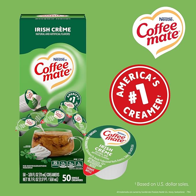 Nestle Coffee mate Coffee Creamer, Irish Creme, Liquid Creamer Singles, Non Dairy, No Refrigeration, 0.375 fl oz Tubs (Pack of 200)
