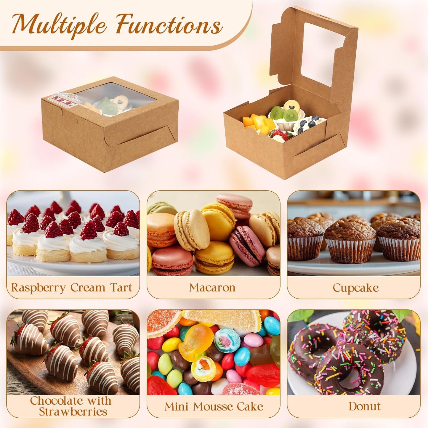 OAMCEG 30 Pack Cookie Boxes with Window, 6x6x3 Inches Brown Bakery Treat Boxes with Stickers & Twine for Pastry, Desserts, Strawberries, Cupcakes, Gift Giving