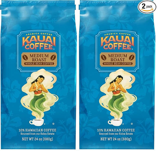 Kauai Coffee Koloa Estate Medium Roast - Whole Bean Coffee, 24 oz. Package (Pack of 2)