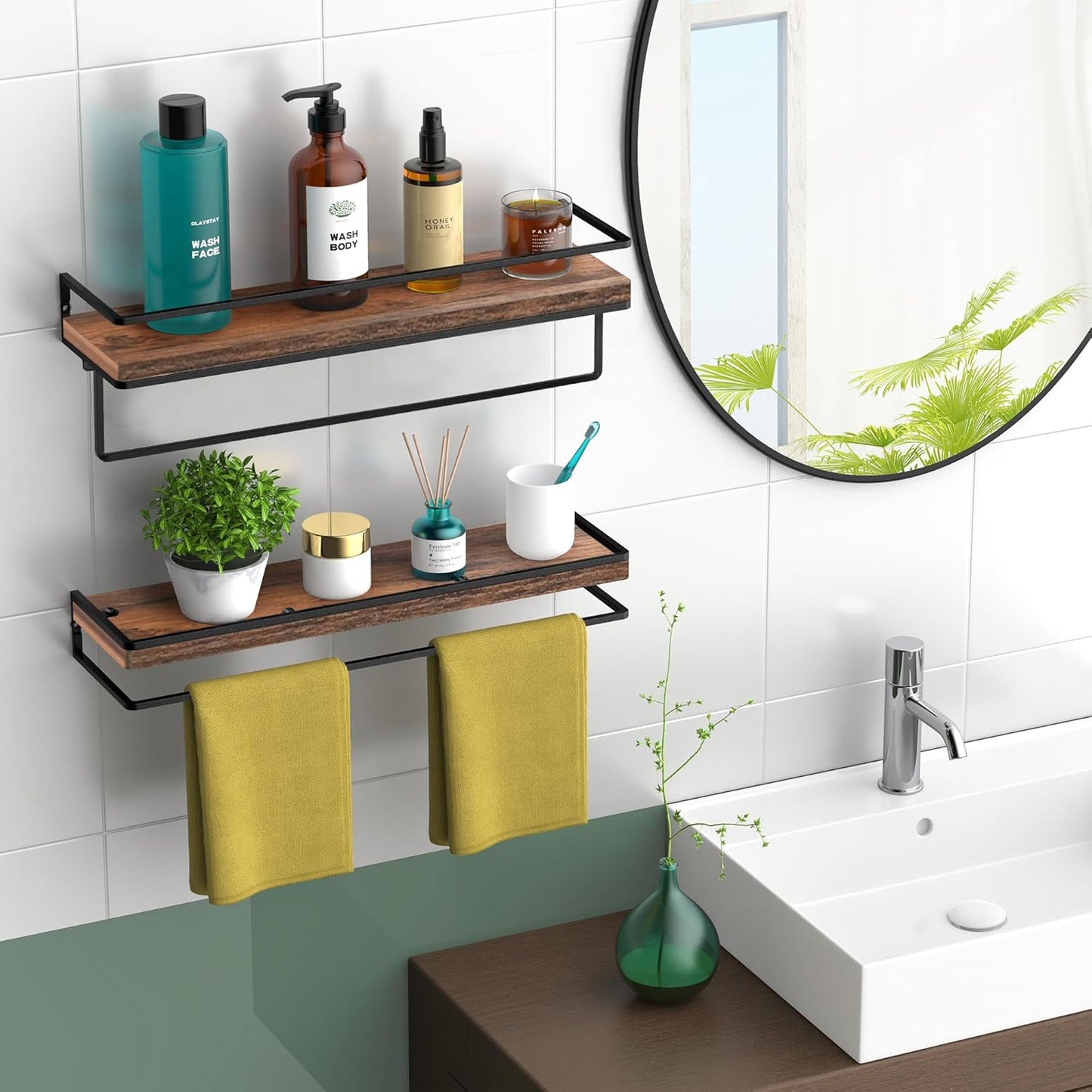 Meangood Floating Shelves Wall Mounted Set of 2, Wall Shelf with Towel Bar Rustic Wood Wall Storage Shelves for Bedroom,Living Room,Bathroom, Kitchen Rustic Brown