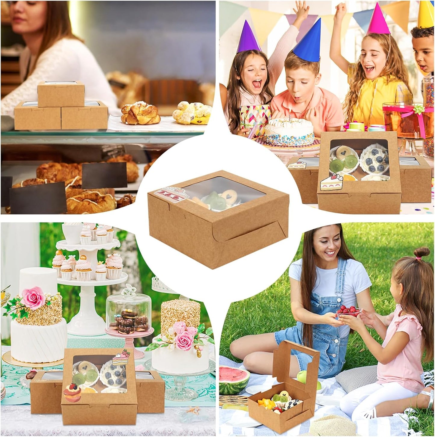 OAMCEG 30 Pack Cookie Boxes with Window, 6x6x3 Inches Brown Bakery Treat Boxes with Stickers & Twine for Pastry, Desserts, Strawberries, Cupcakes, Gift Giving