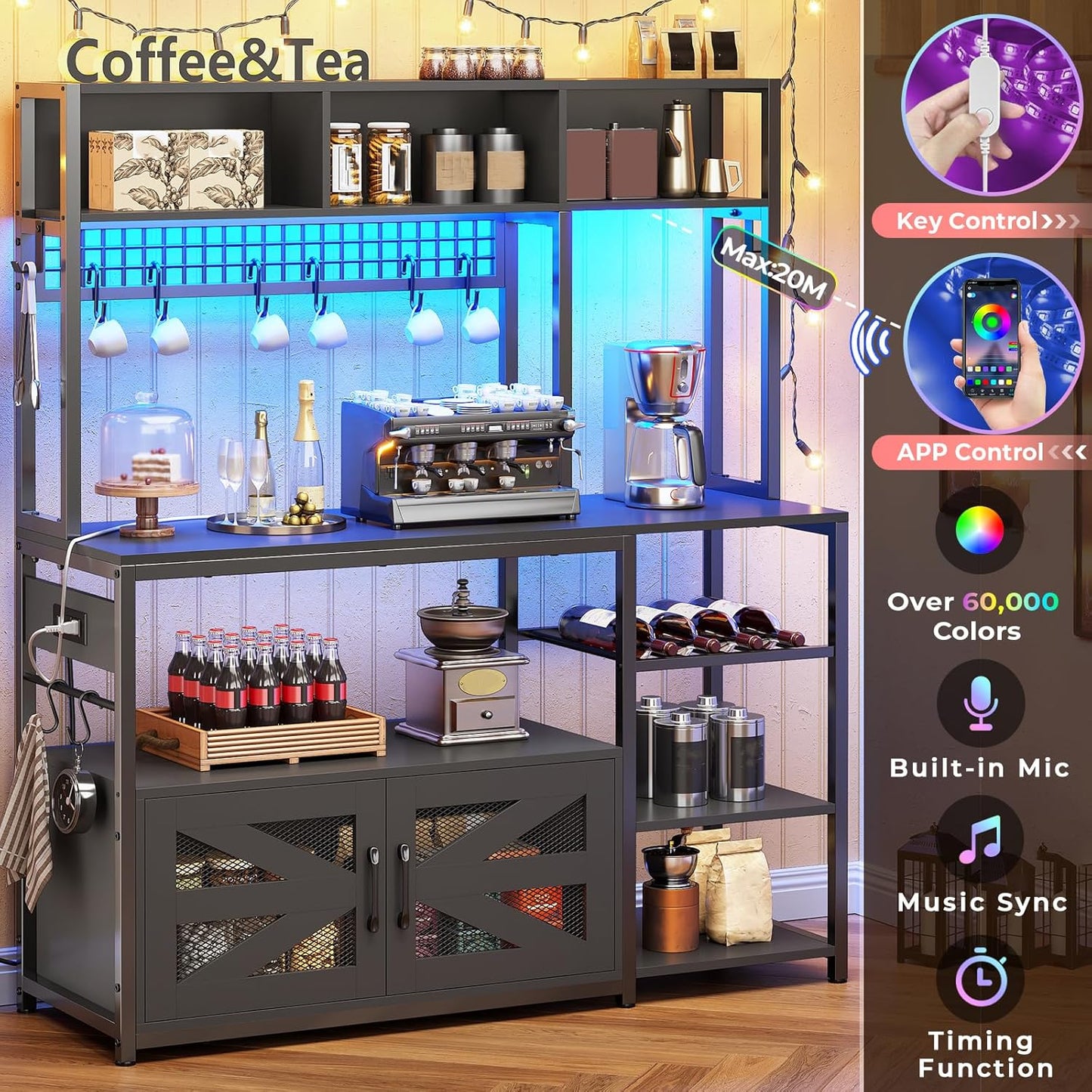 Itaar 47.2 Inch Bakers Rack with Power Outlet, Microwave Stand with Storage, Farmhouse Coffee Bar Cabinet Station with Wine Rack, Iron Mesh and 8-S Hooks (Black)