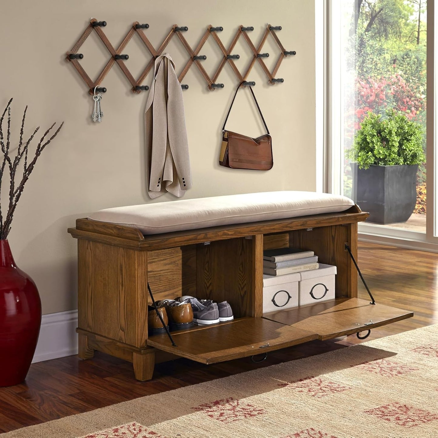 WGFKVAS Expandable Coat Rack, Accordion Wall Hangers, 19 Hooks Wooden Hat Rack Wall Mounted, Hat Hooks for Keys, Coffee Mug, Coats