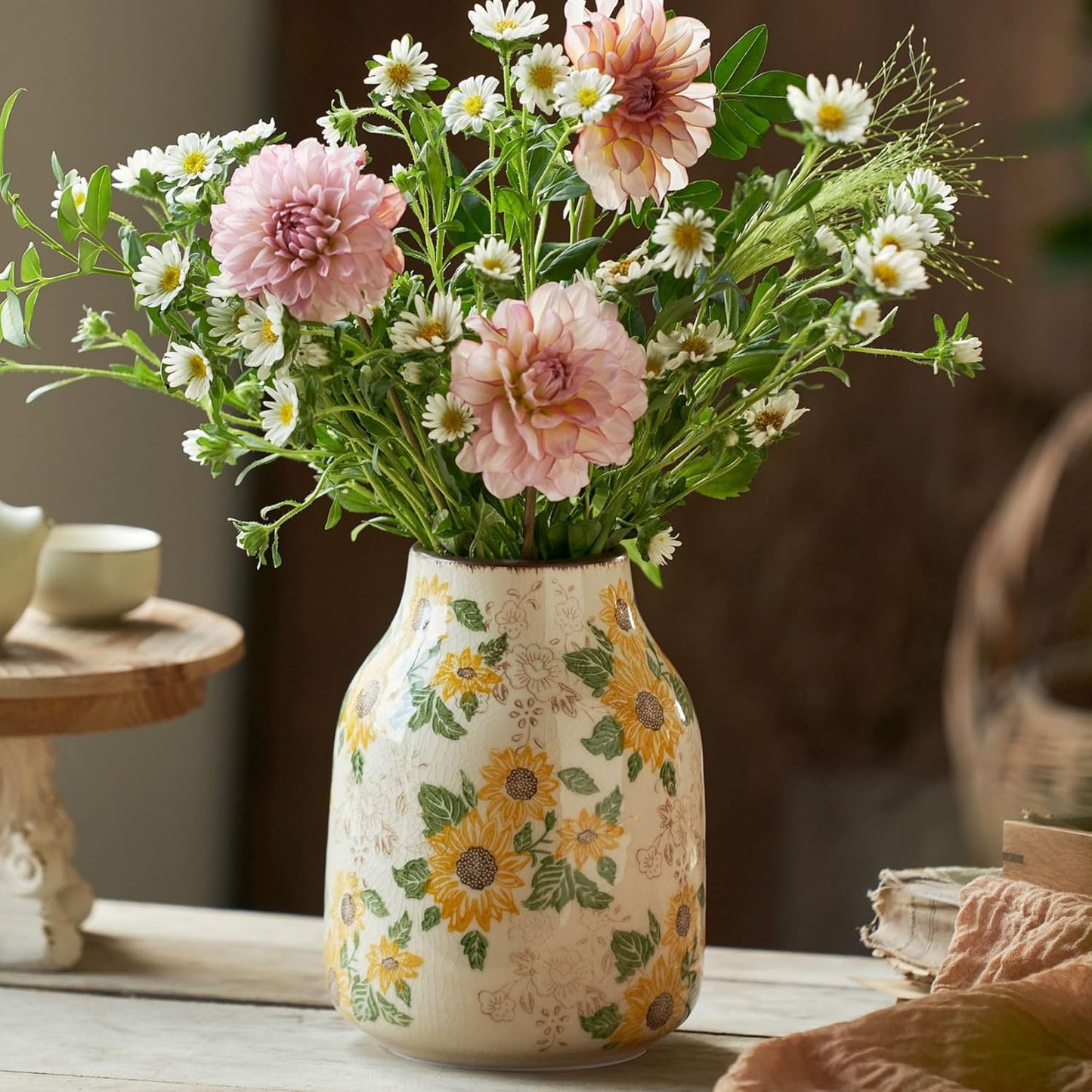 Vintage Ceramic Vase, 7.7 Inch Chinoiserie Sunflower Floral Vases, Rustic Farmhouse Antique Flower Vases for Home Decor Modern Aesthetic Tuscan Decorations (Conical)