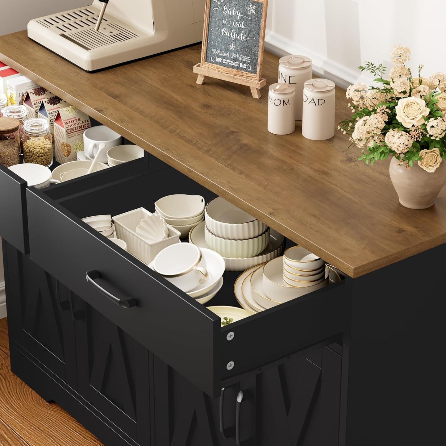 HOSTACK Buffet Cabinet with Storage, 47.2" Kitchen Sideboard Buffet with Drawers, Modern Farmhouse Coffee Bar Station with Shelves, Barn Doors Storage Cabinet for Living Room, Black/Rustic Brown
