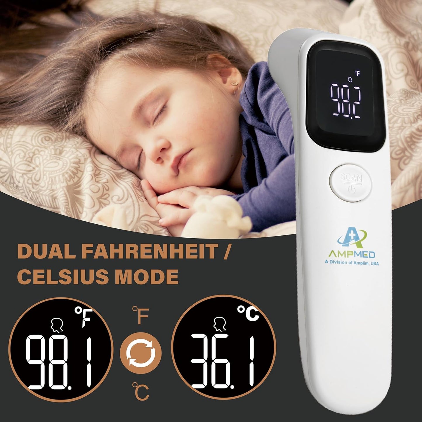 Amplim Forehead Thermometer | No-Touch, FDA-Cleared, Medical-Grade Infrared | 1-Second Read with Audible Fever Alert | Accurate Digital Infrared Thermometer for Adults, Kids, Baby
