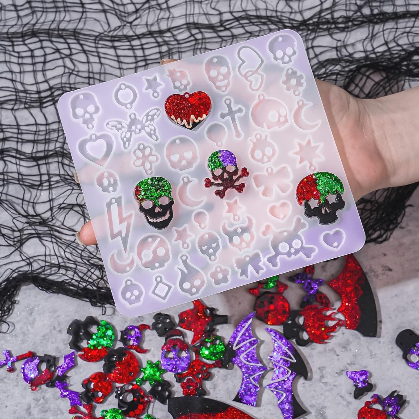 Halloween Resin Earrings Mold 3pcs Resin Jewelry Molds, Various Skull Silicone Molds Wing Hair Clips Mould, DIY Epoxy Ornaments Earring Pendants Necklaces Keychain Making Kit Holiday Gifts