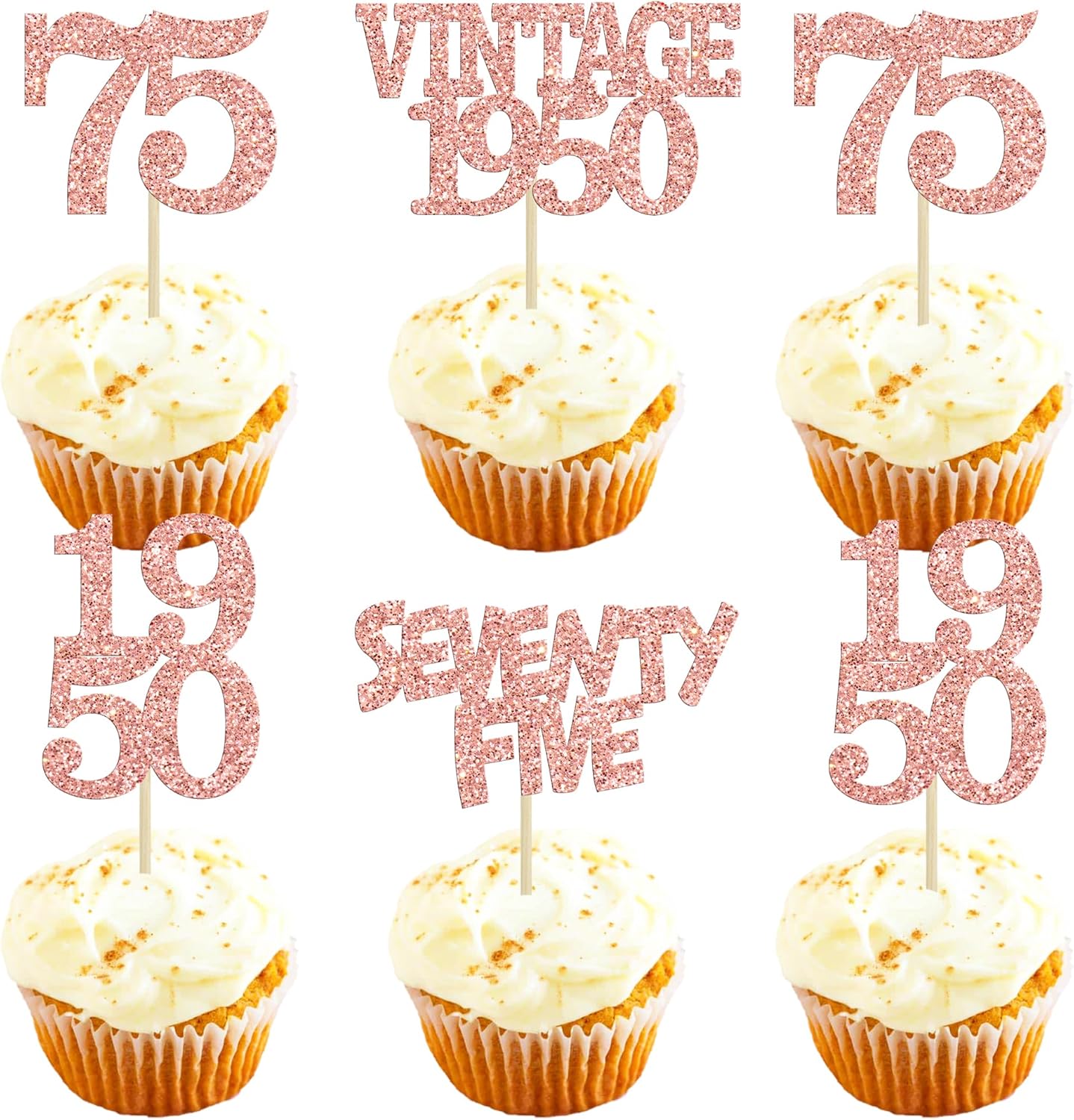 Gyufise 24Pcs 75th Birthday Cupcake Toppers Glitter Cheers to 75 Fabulous Seventy Five Vintage 1950 Cupcake Picks 75th Birthday Wedding Anniversary Party Cake Decorations Supplies Rose Gold