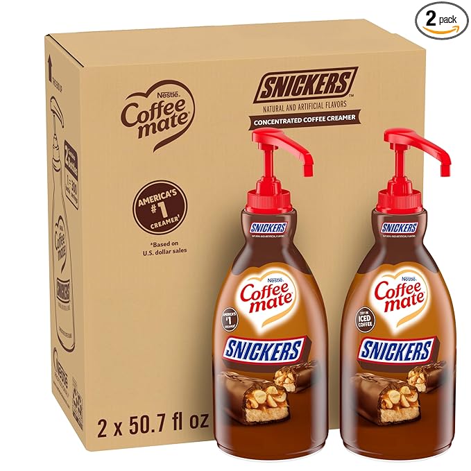 Nestle Coffee mate Coffee Creamer, Snickers, Concentrated Liquid Pump Bottle, Non Dairy, No Refrigeration, 50.7 fl oz (Pack of 2)