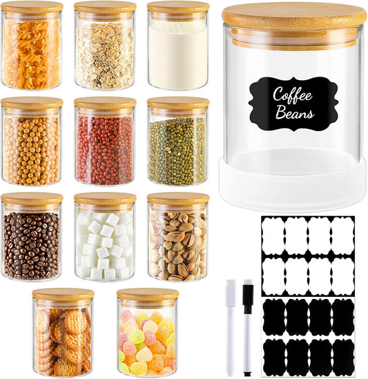 17oz Round Glass Storage Containers with Bamboo Lids – 12 Pack Small Airtight Clear Spice Jars for Pantry Organization, Kitchen Dry Food, Flour, Spice, Coffee Beans, Staples & Snacks