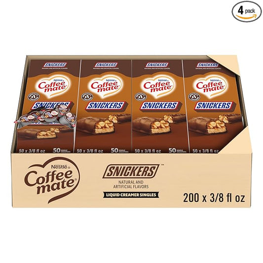 Nestle Coffee mate Coffee Creamer, Snickers, Liquid Creamer Singles, Non Dairy, No Refrigeration, 0.375 fl oz Tubs (Pack of 200)